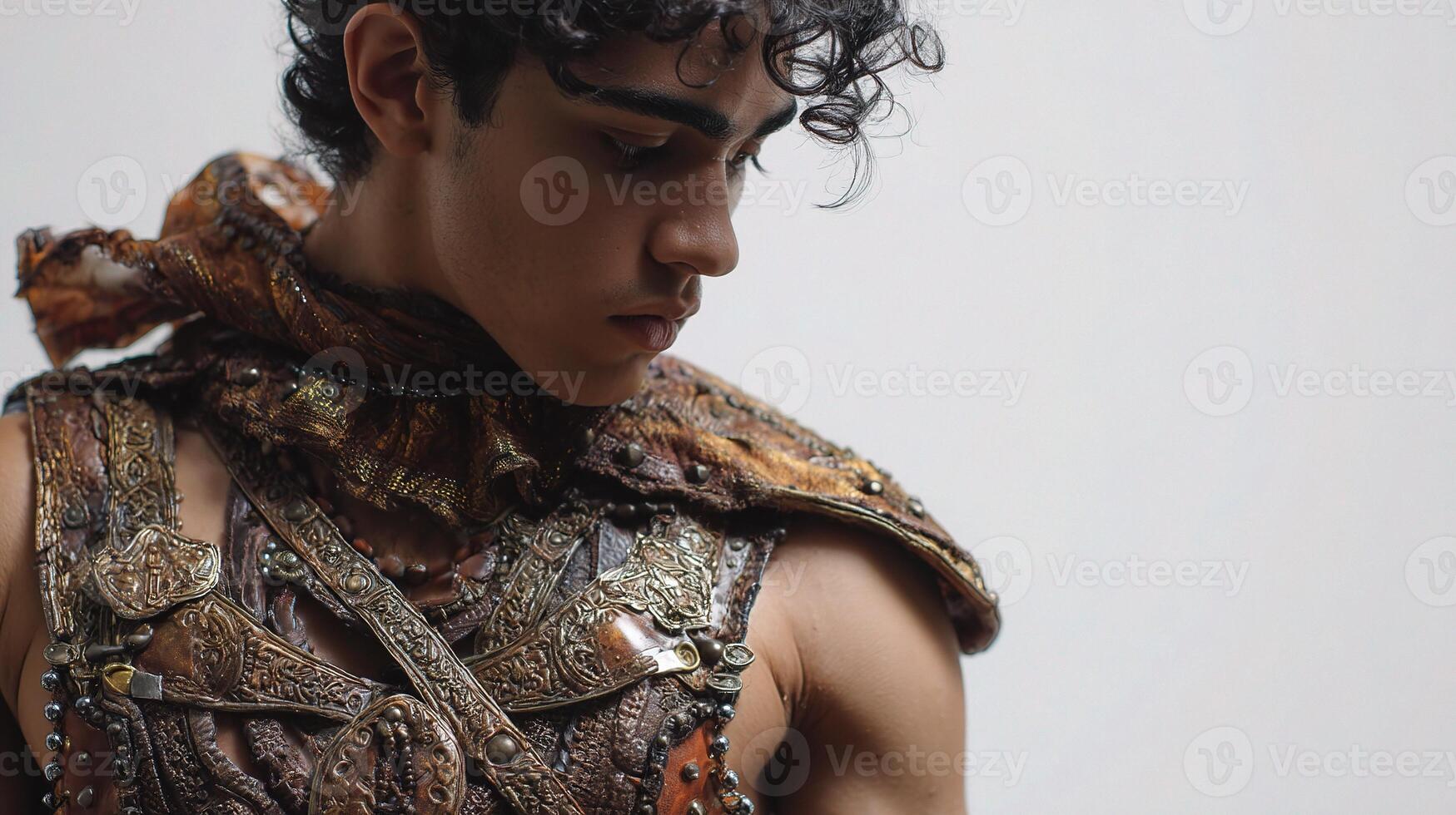 A young man with curly hair wearing a costume photo