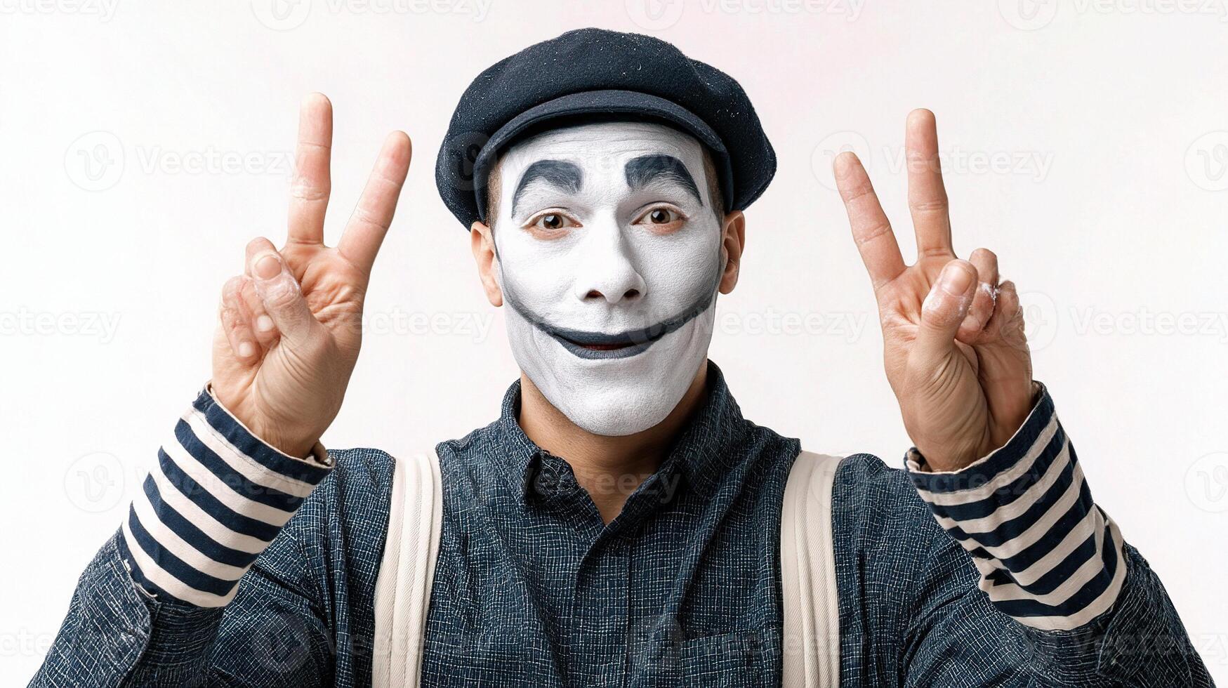A man in a white face mask and striped shirt with two fingers up photo