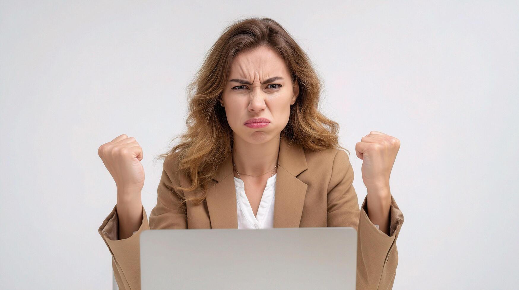 A woman in a suit is making a fist with her hands photo