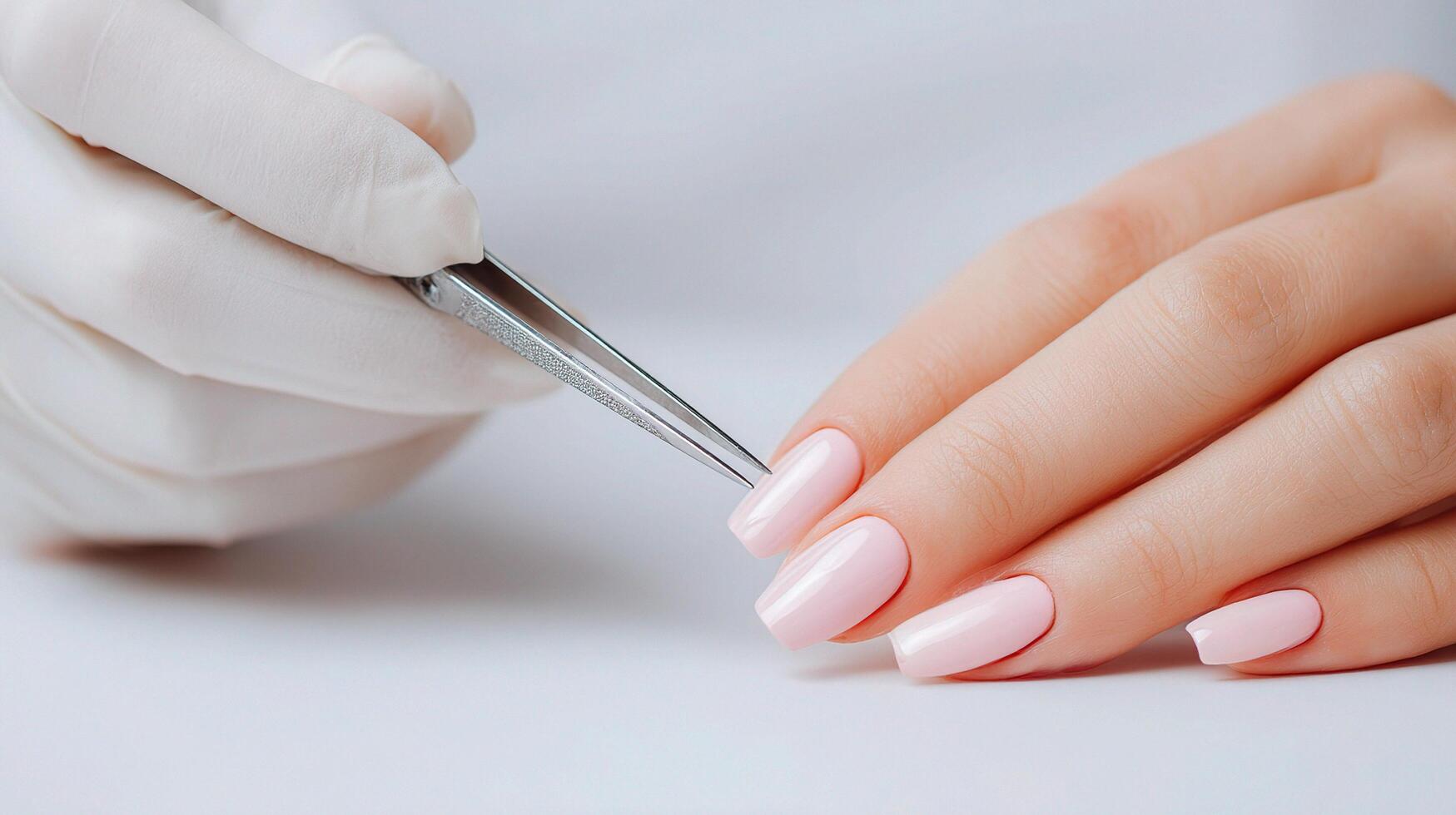 A woman with pink manicured nails is getting her nails done photo