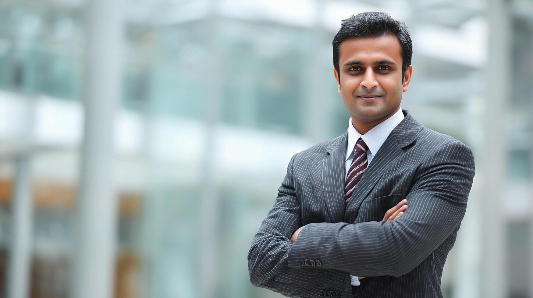 An indian businessman standing in front of a building photo