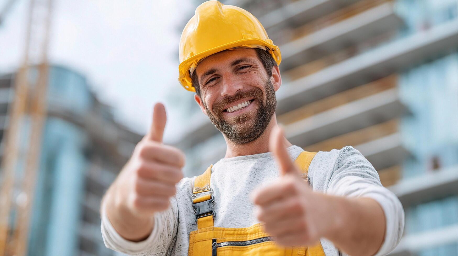 A man in a hard hat and yellow vest giving the thumbs up photo