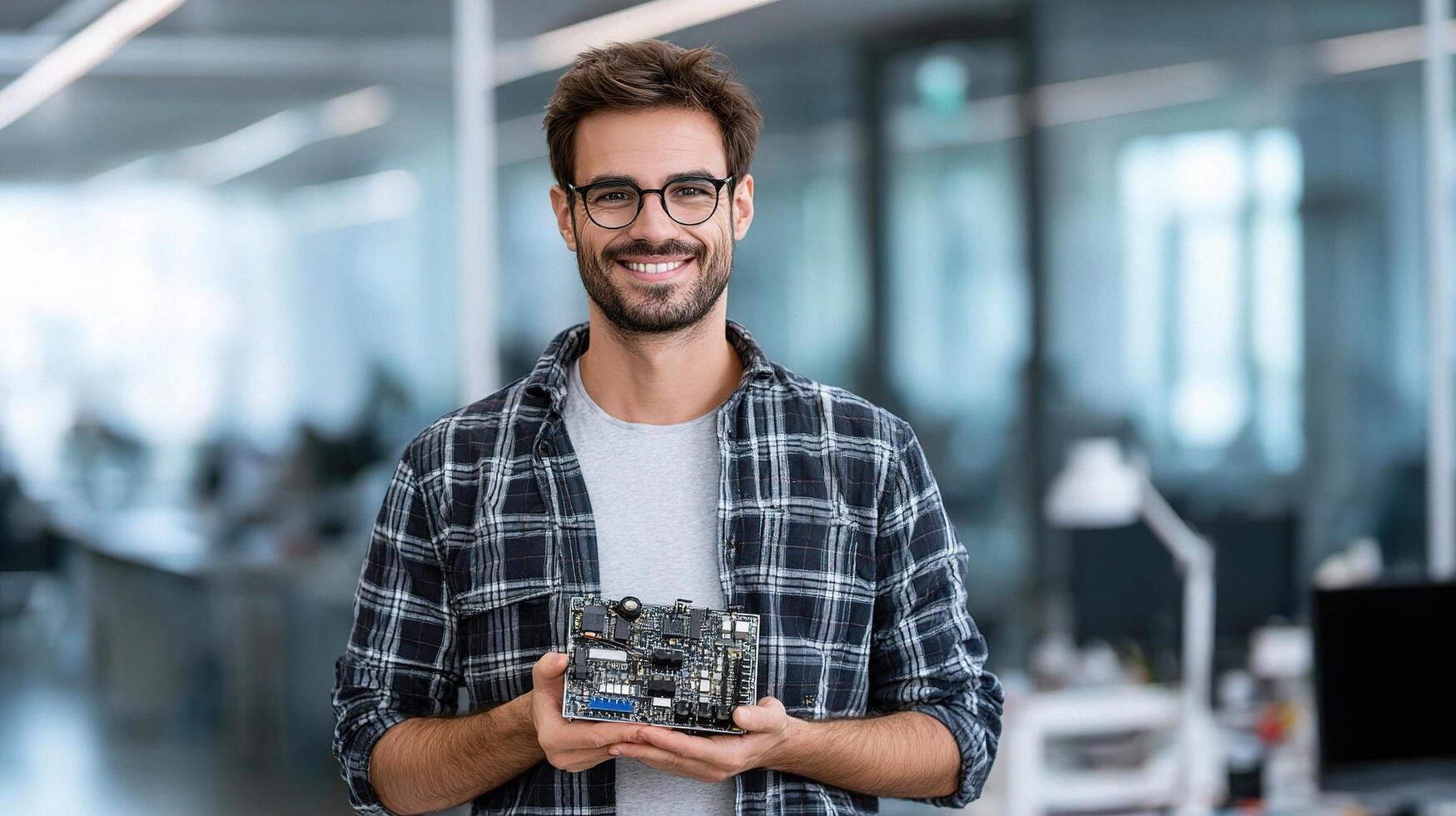 A man holding a small electronic device photo