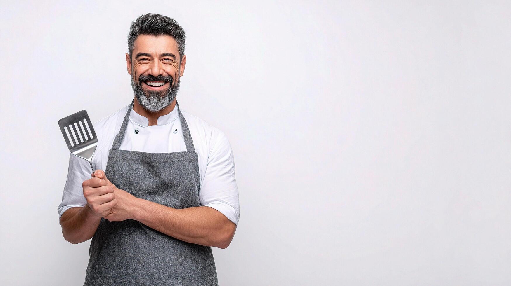 A man with a beard and apron holding a spatula photo