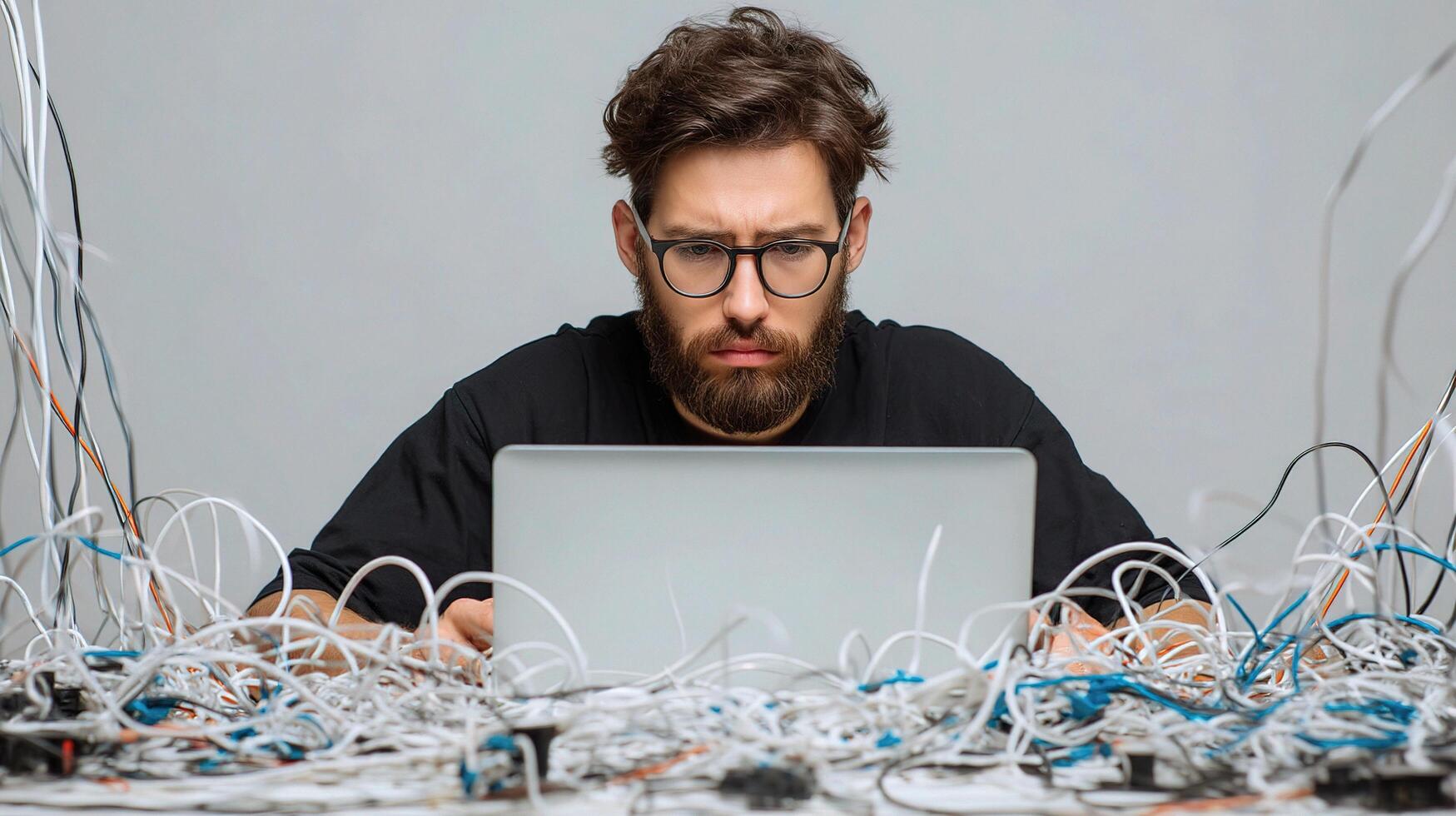 A man with glasses sitting in front of a laptop surrounded by wires photo