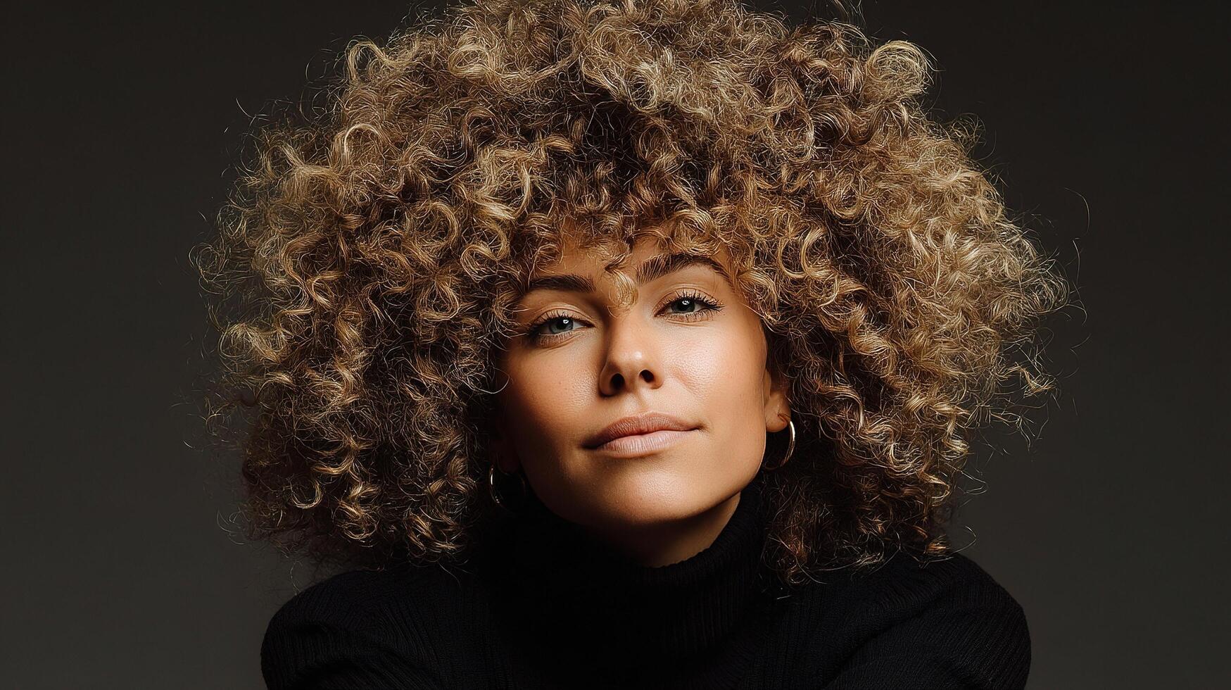 A woman with curly hair and a black turtle neck photo