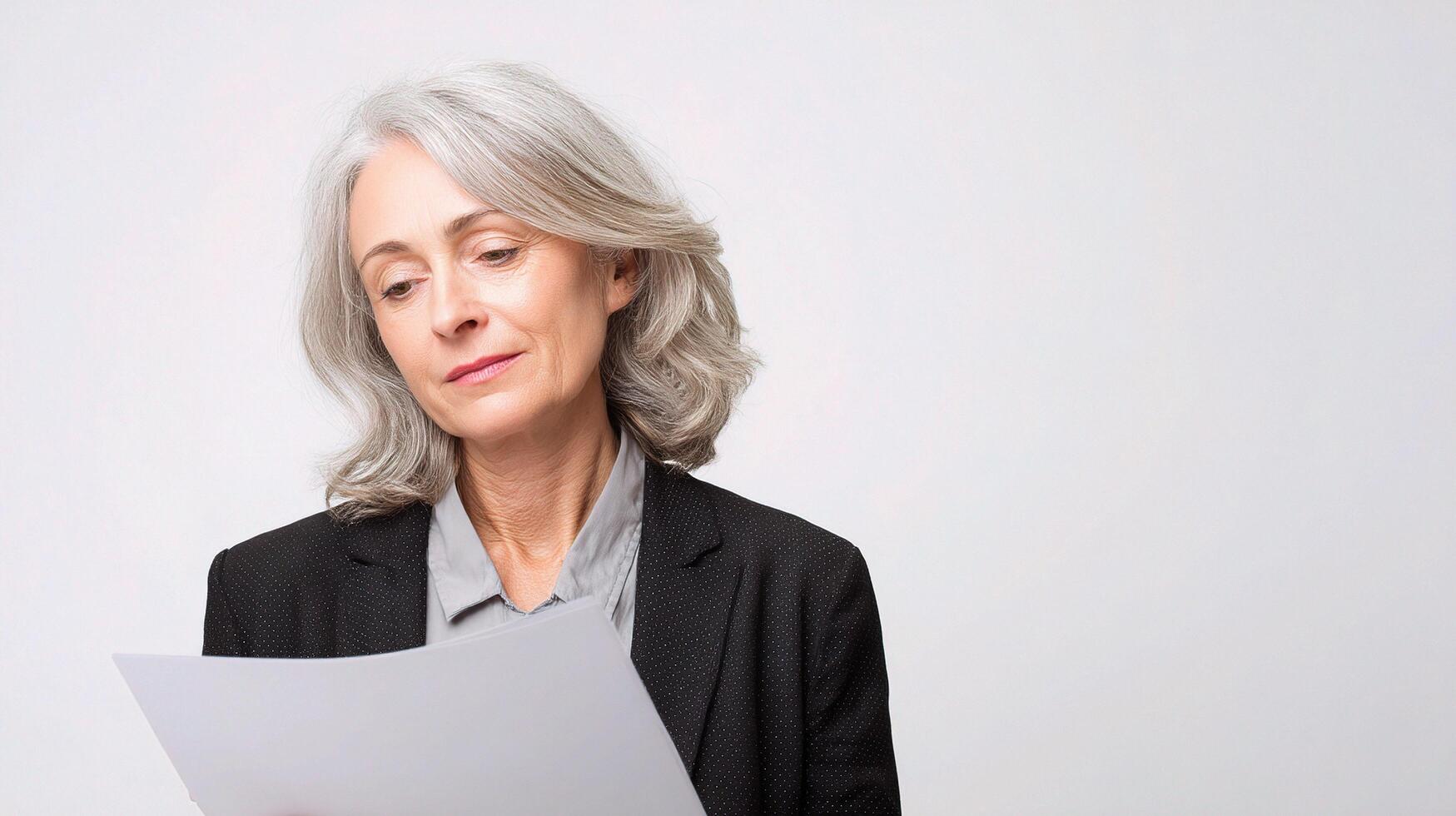 A woman with gray hair holding a piece of paper photo