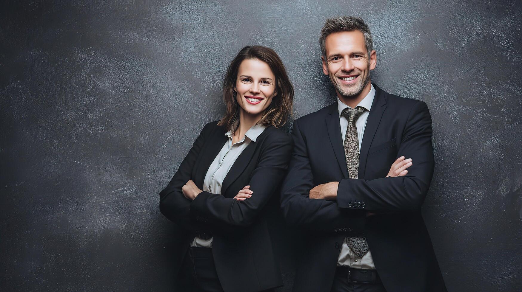 Two business people standing together against a dark background photo