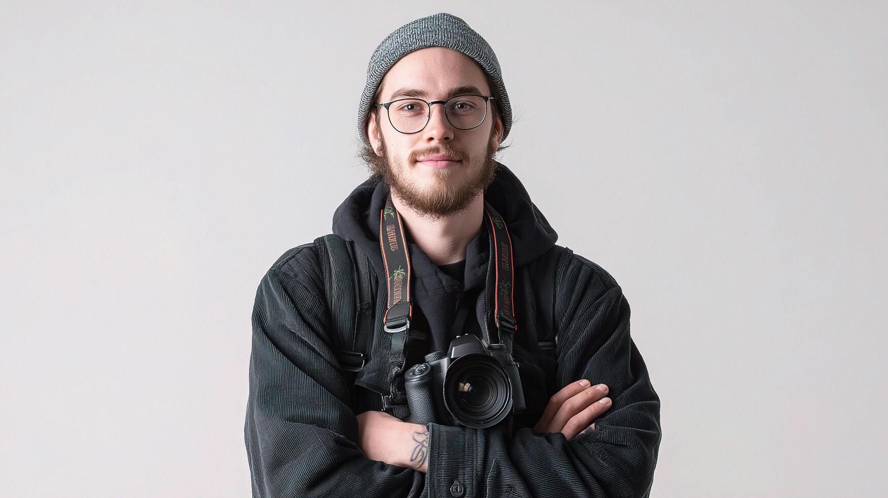 A man with glasses and a beanie is posing for a photo