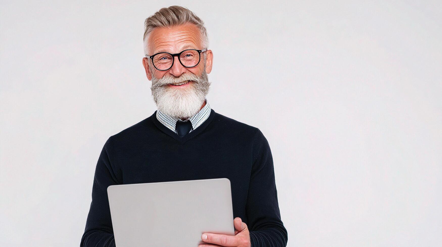 An old man with a beard and glasses holding a laptop photo