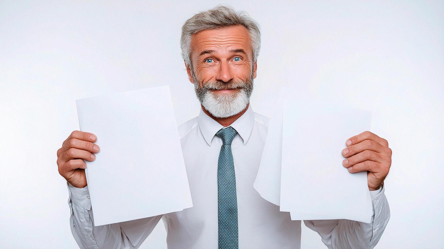 A man with a beard and tie holding up three blank papers photo