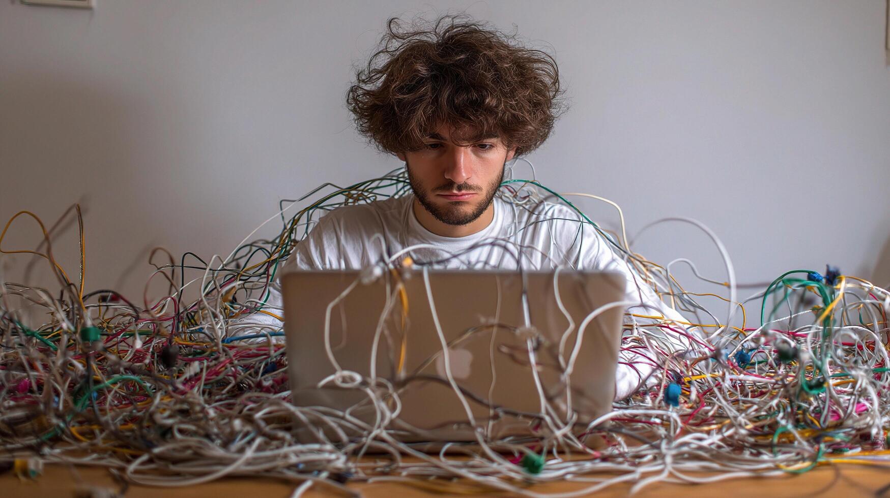 A man sitting in front of a laptop surrounded by wires photo