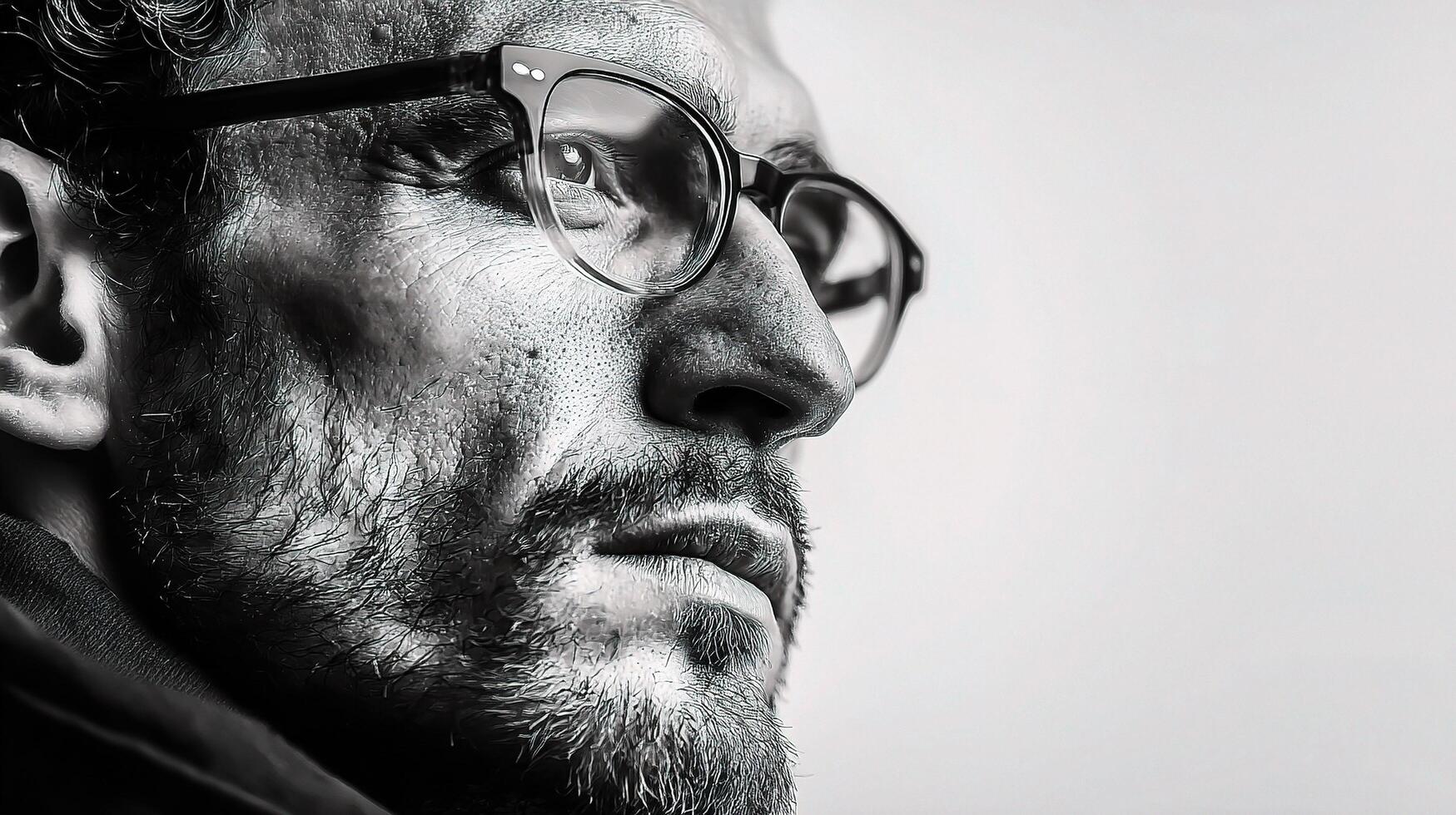 A man with glasses and a beard looks to the side photo