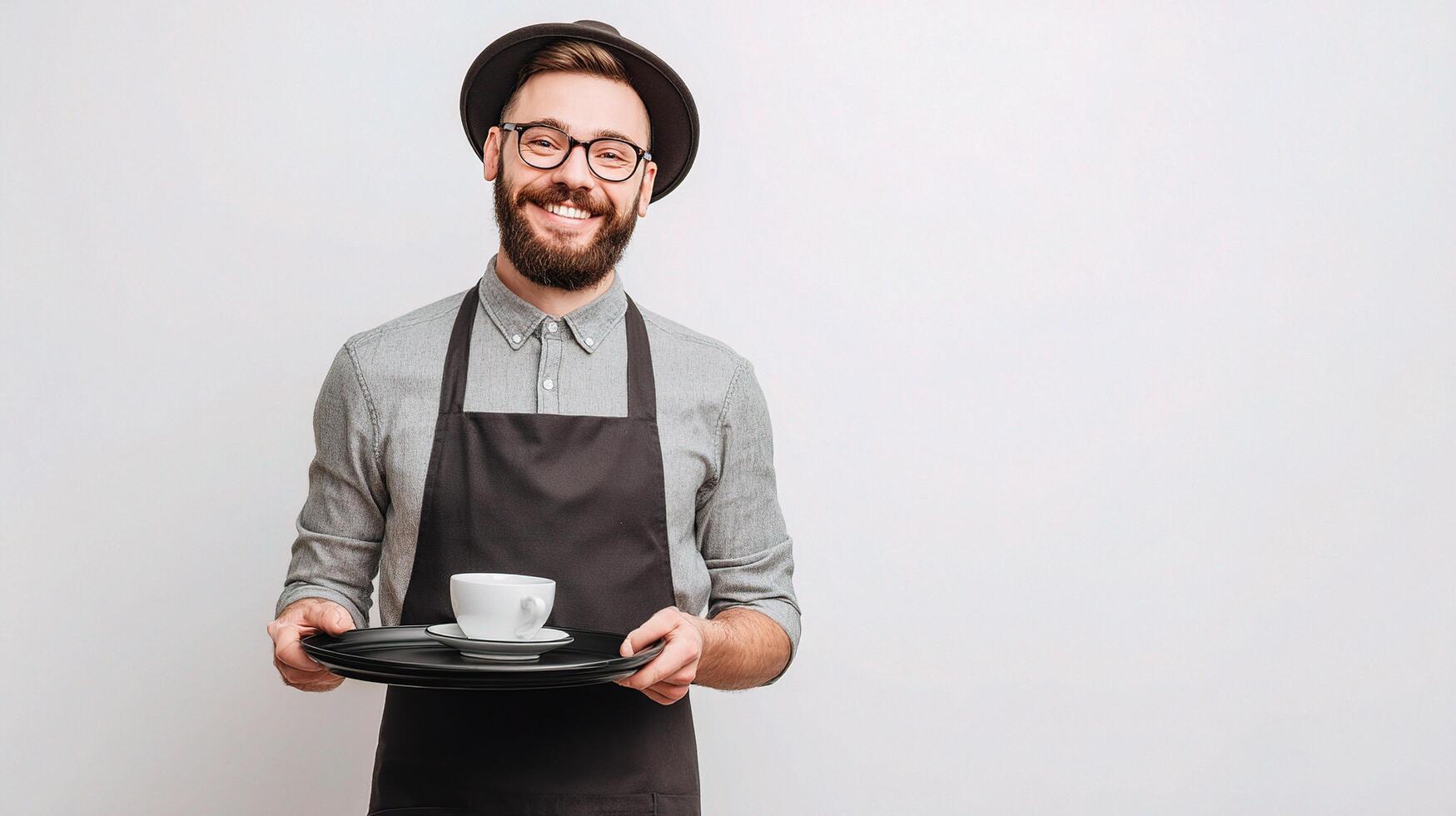 A smiling man in an apron holding a cup and saucer photo
