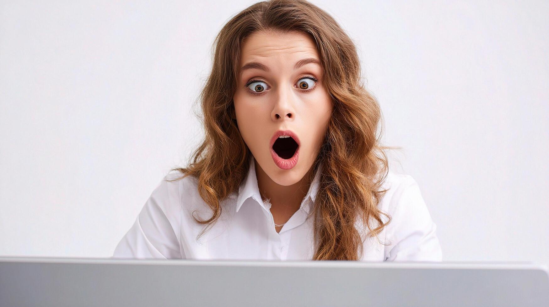 A woman is looking surprised while using a laptop photo