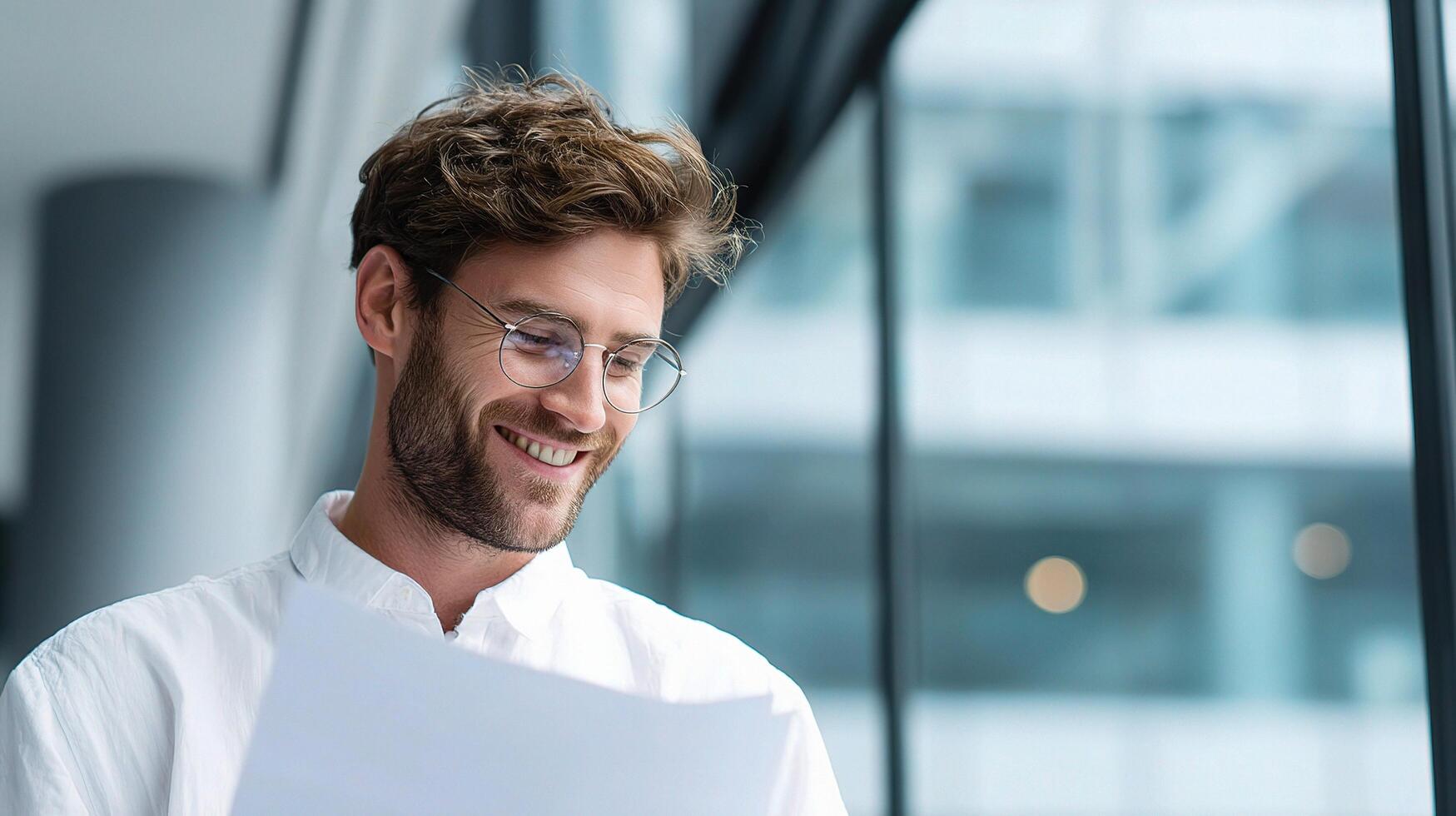 A man with glasses is holding a piece of paper photo