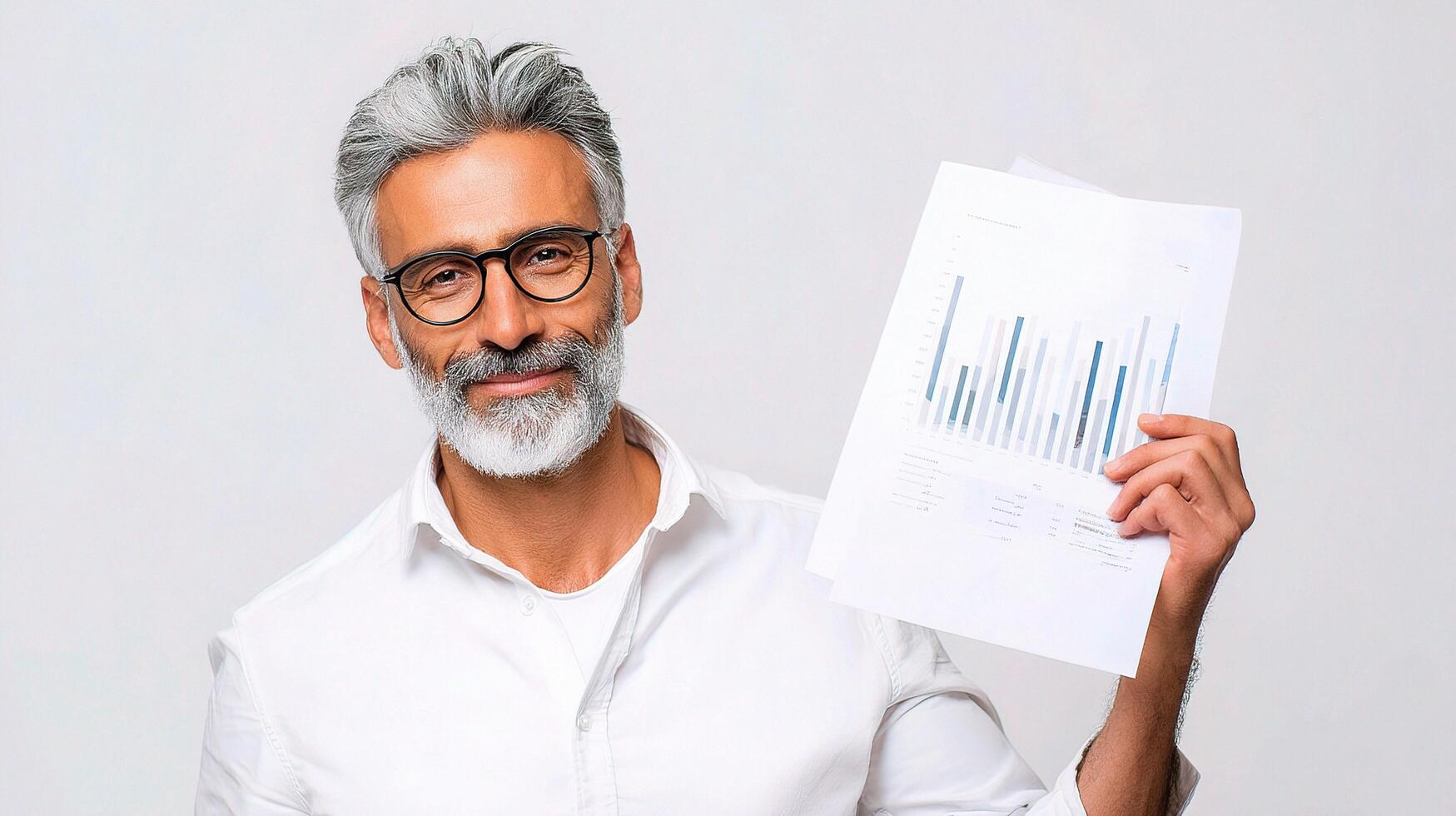 A man with glasses and a beard holding a piece of paper with graphs photo