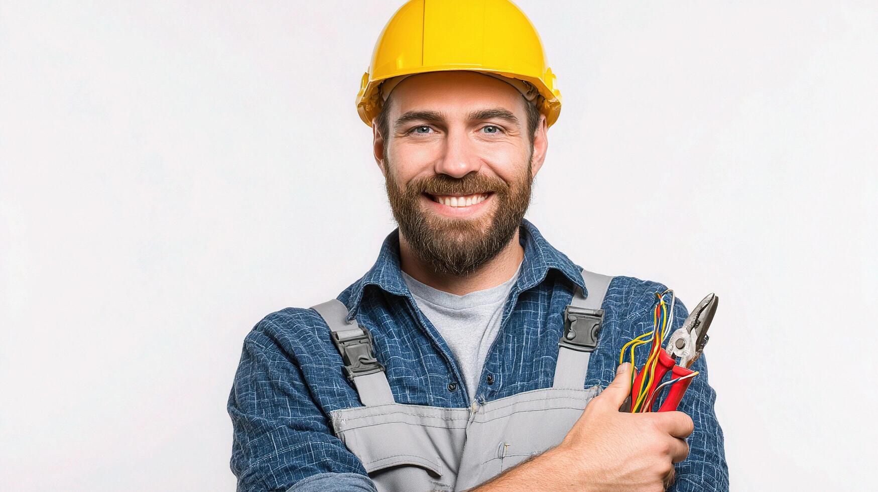 A smiling man in a hard hat holding a pair of electrical tools photo