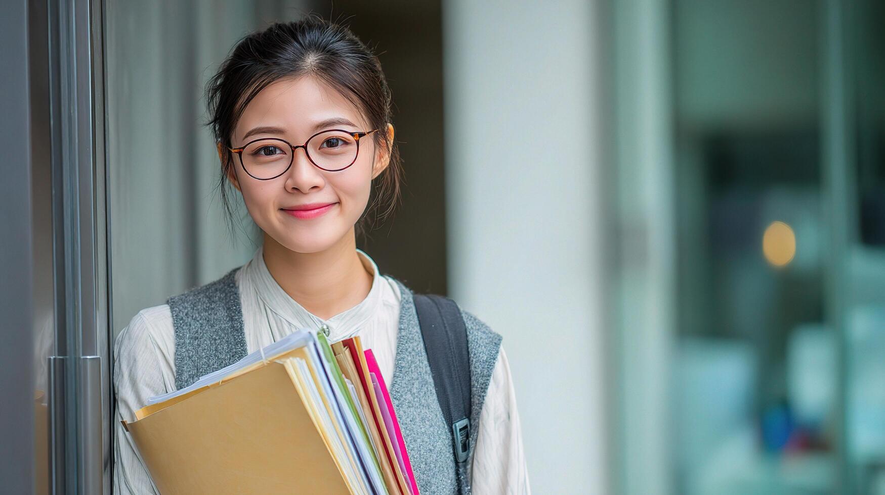 A young woman with glasses holding a folder photo