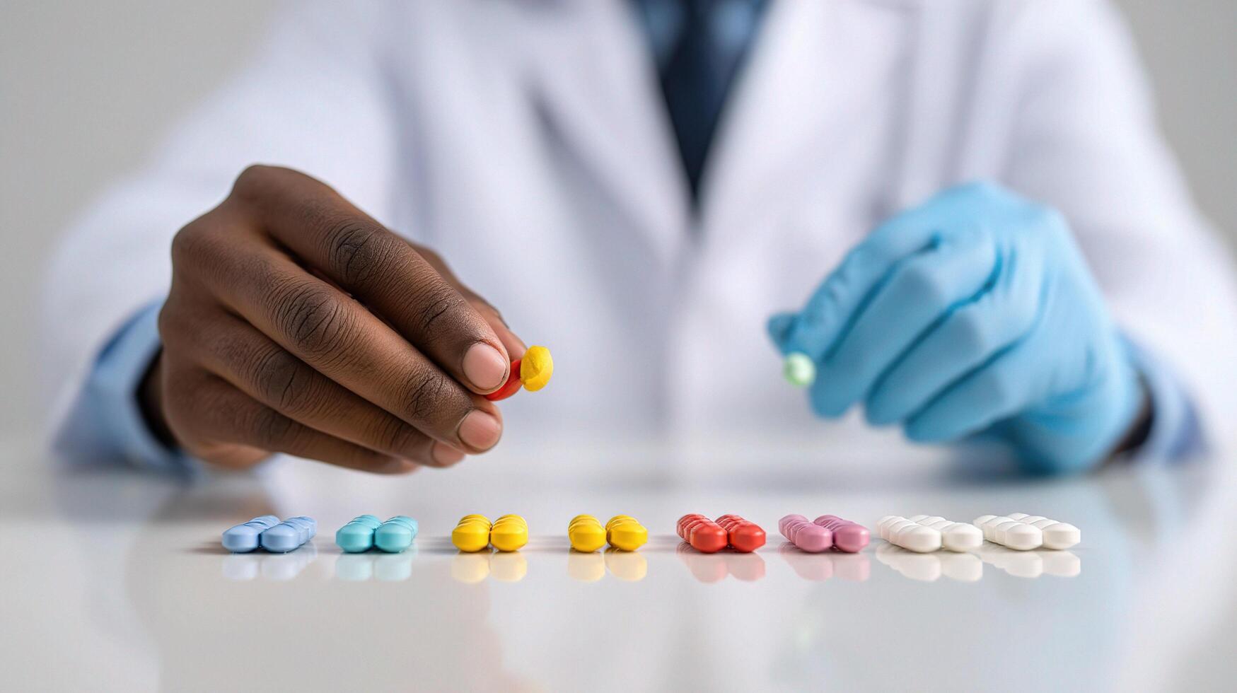 A person in a lab coat is holding a pill photo