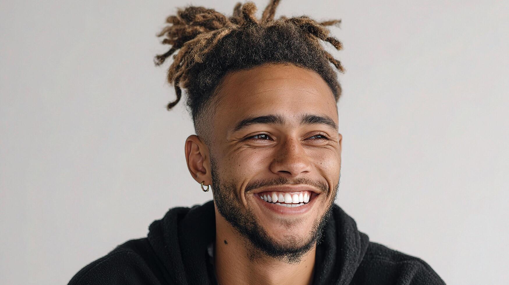 A man with dreadlocks smiles while wearing a black hoodie photo
