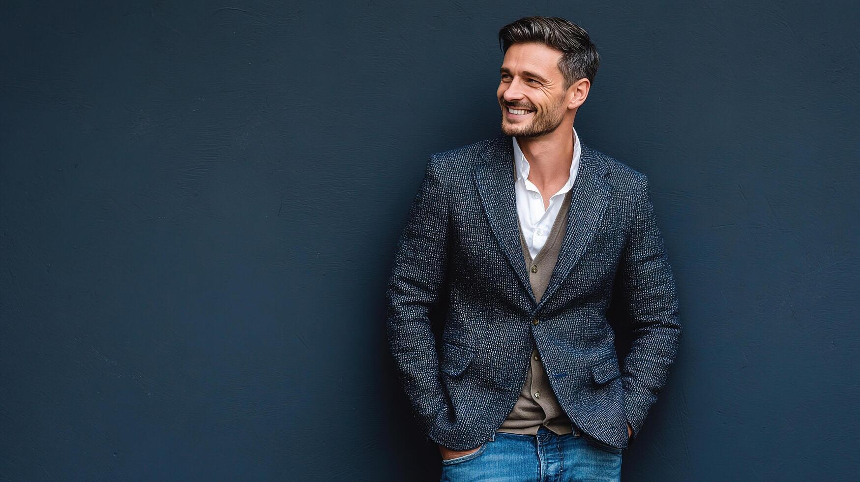 A man in a blue jacket and jeans is smiling photo