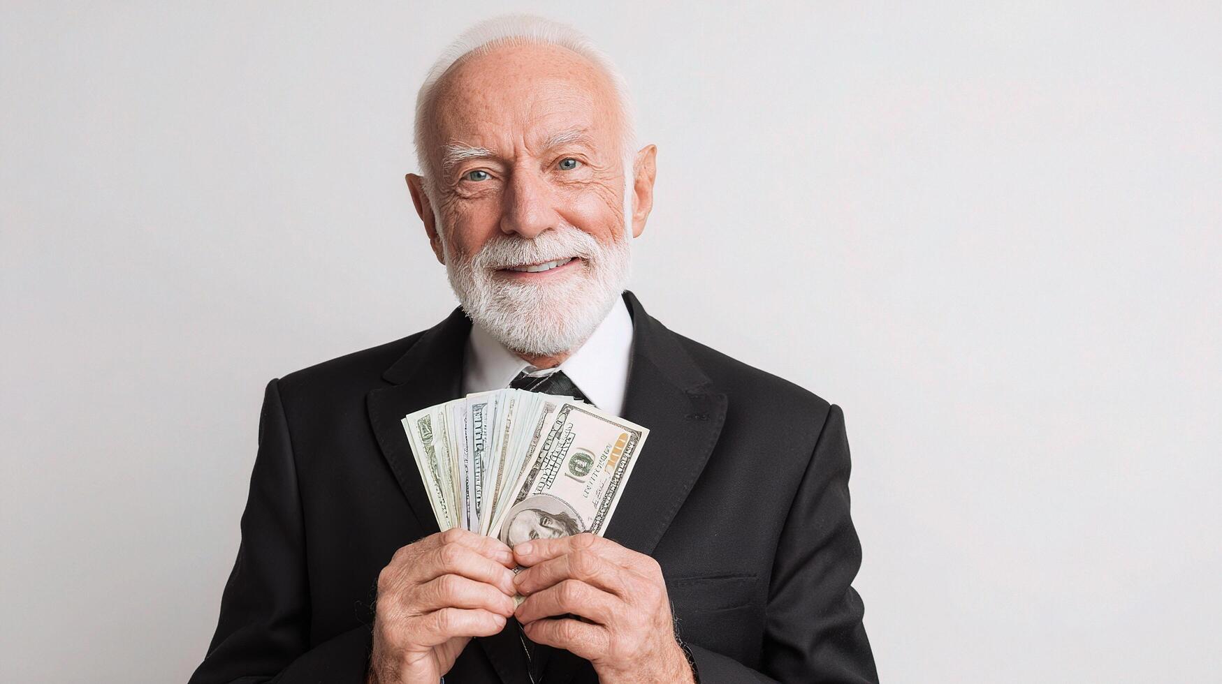 An old man in a suit holding money photo