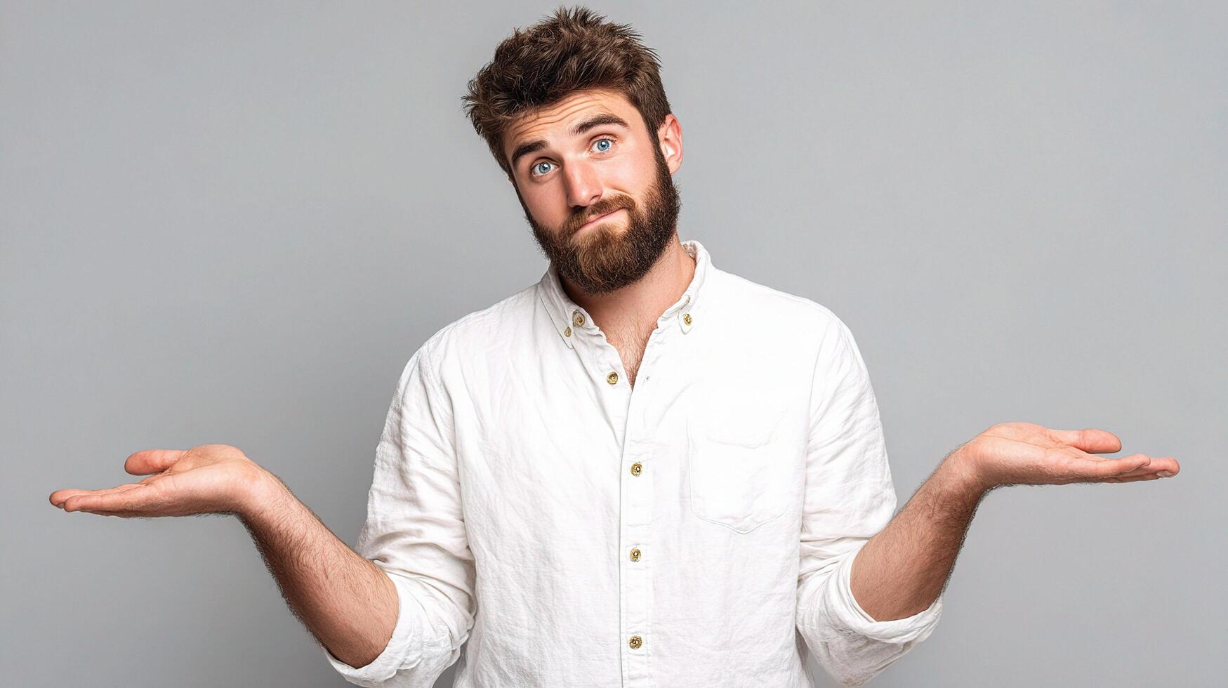 A man with a beard and white shirt is holding something photo