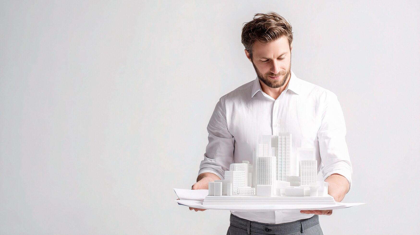 A man holding a paper with a model of a city photo