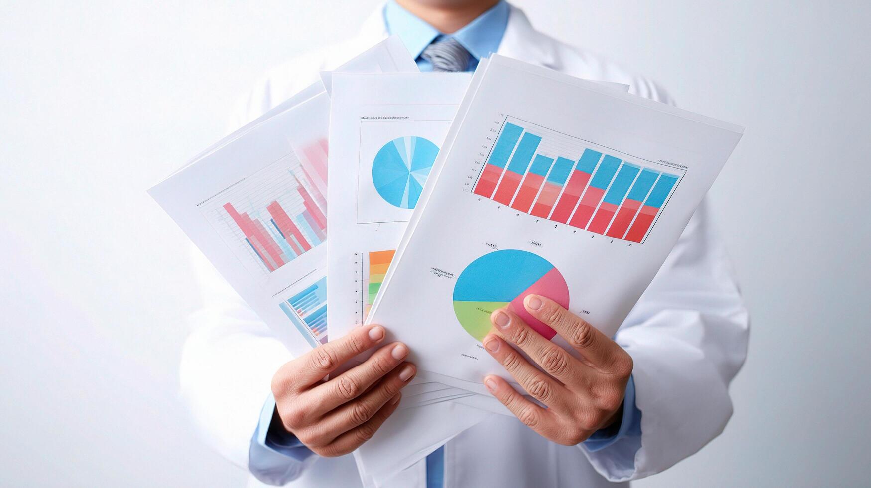 A man in a white coat holding a folder with graphs and charts photo