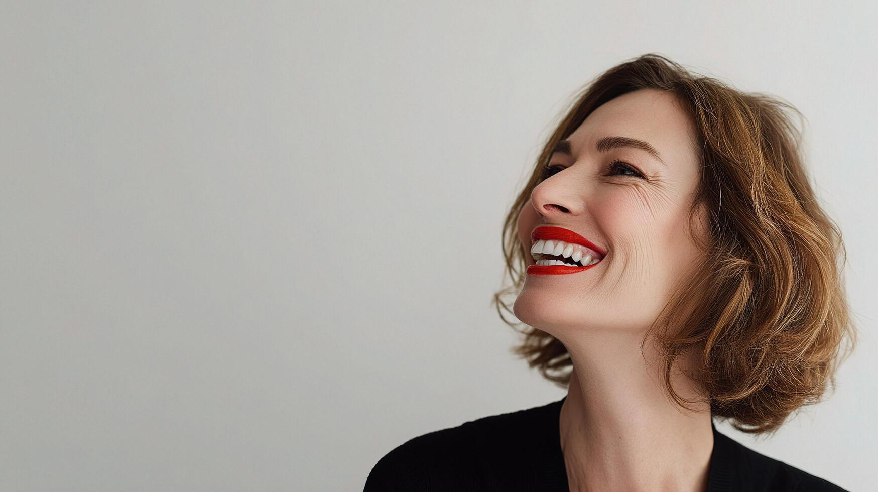 A woman with red lipstick smiling photo