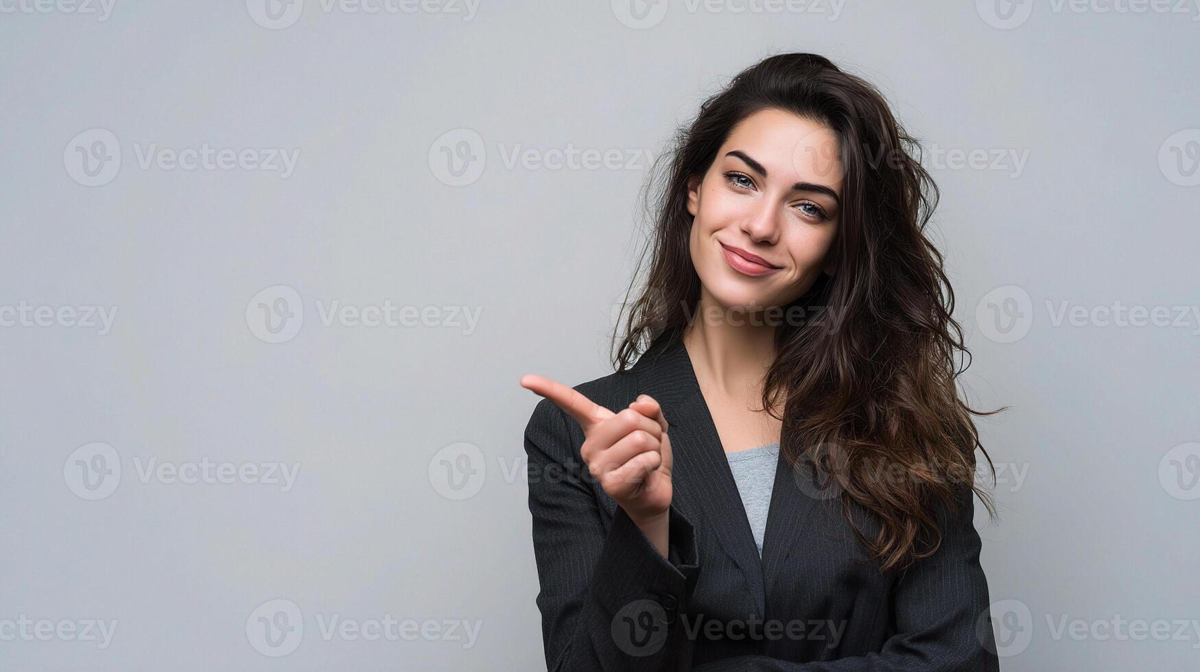 Portrait of a beautiful young woman pointing to the left isolated on gray background photo