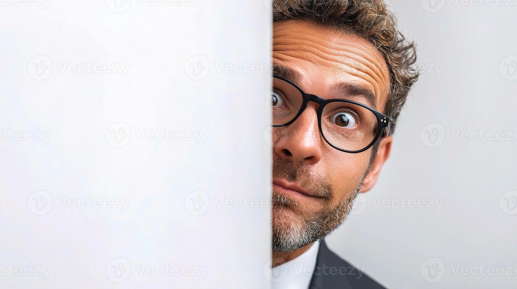 A man in glasses peeking out from behind a wall photo