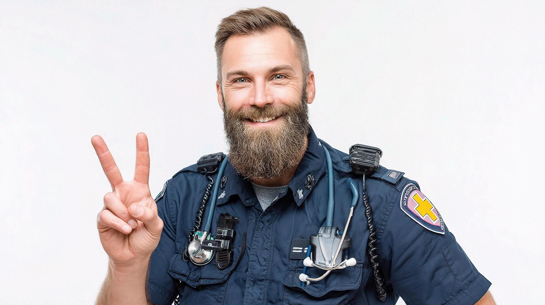A bearded man in a police uniform is making a peace sign photo