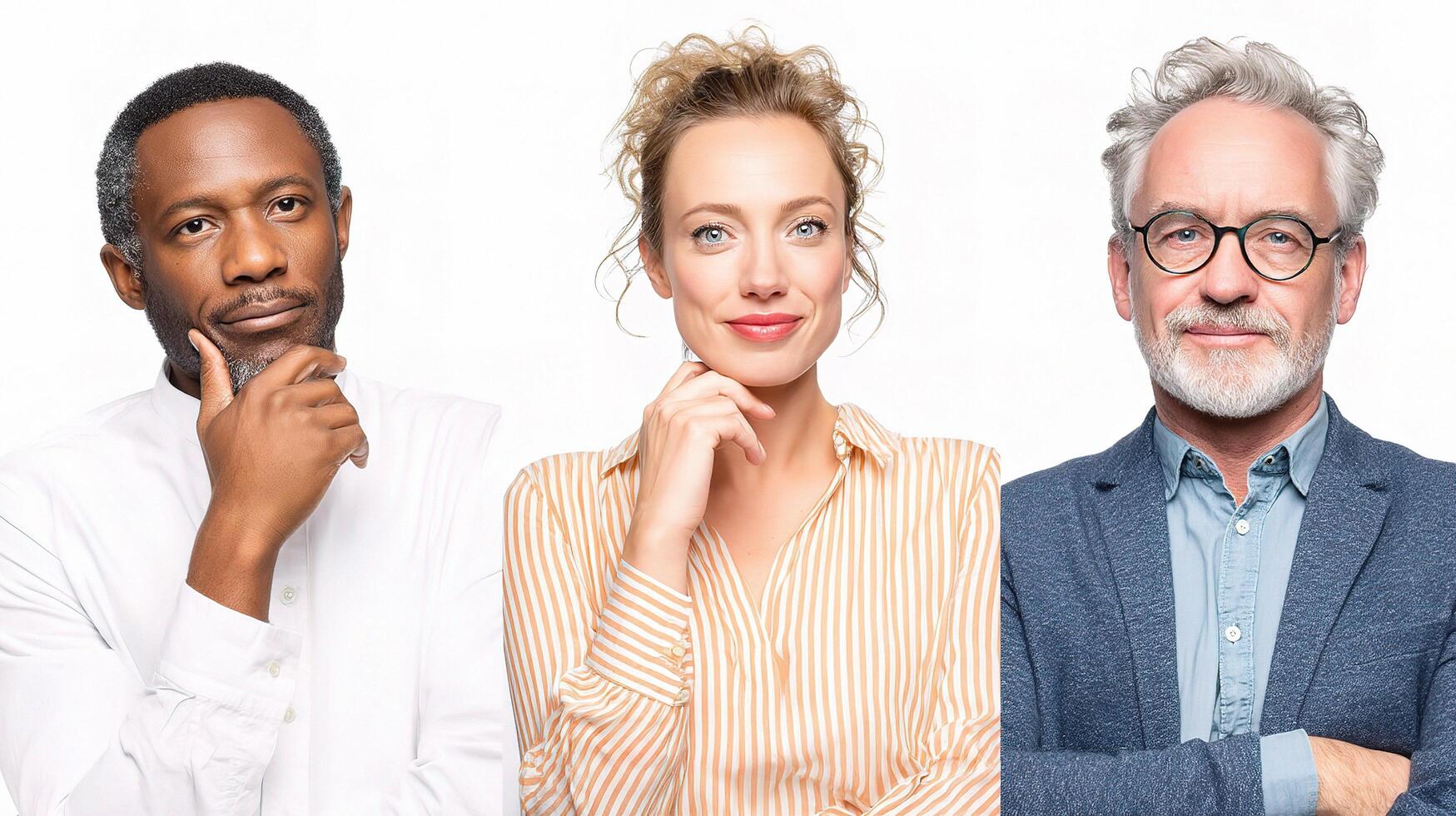 Three people are standing in front of a white background photo