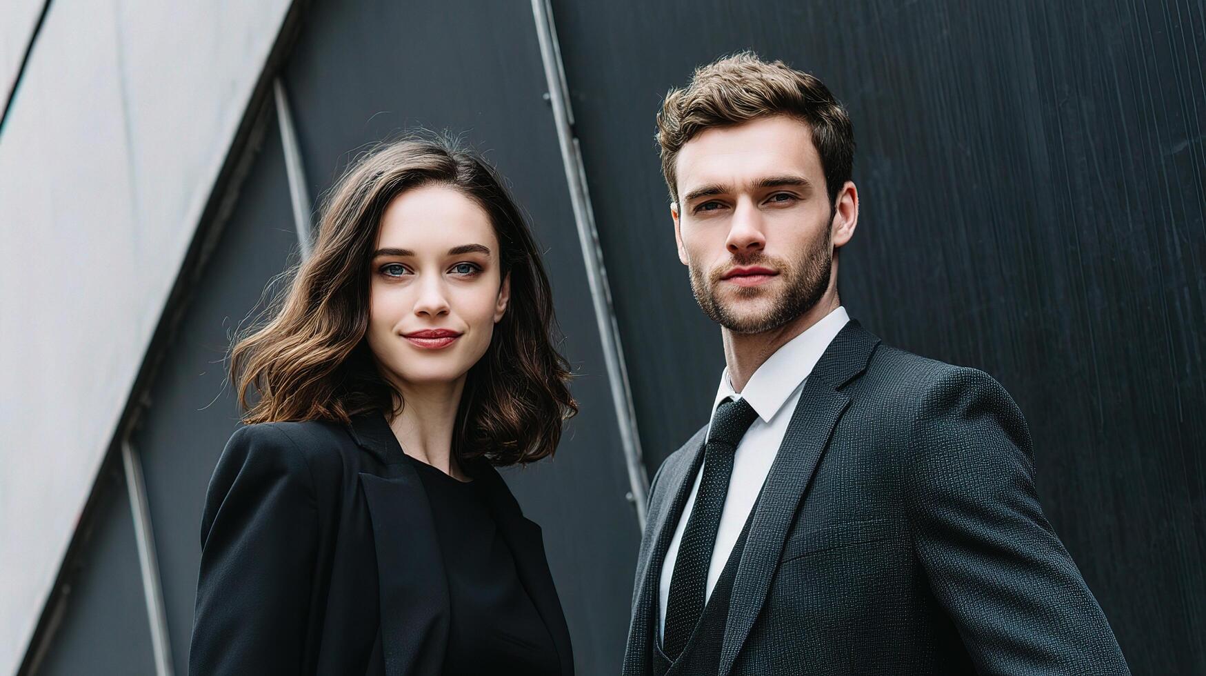 Two business people in suits standing next to each other photo