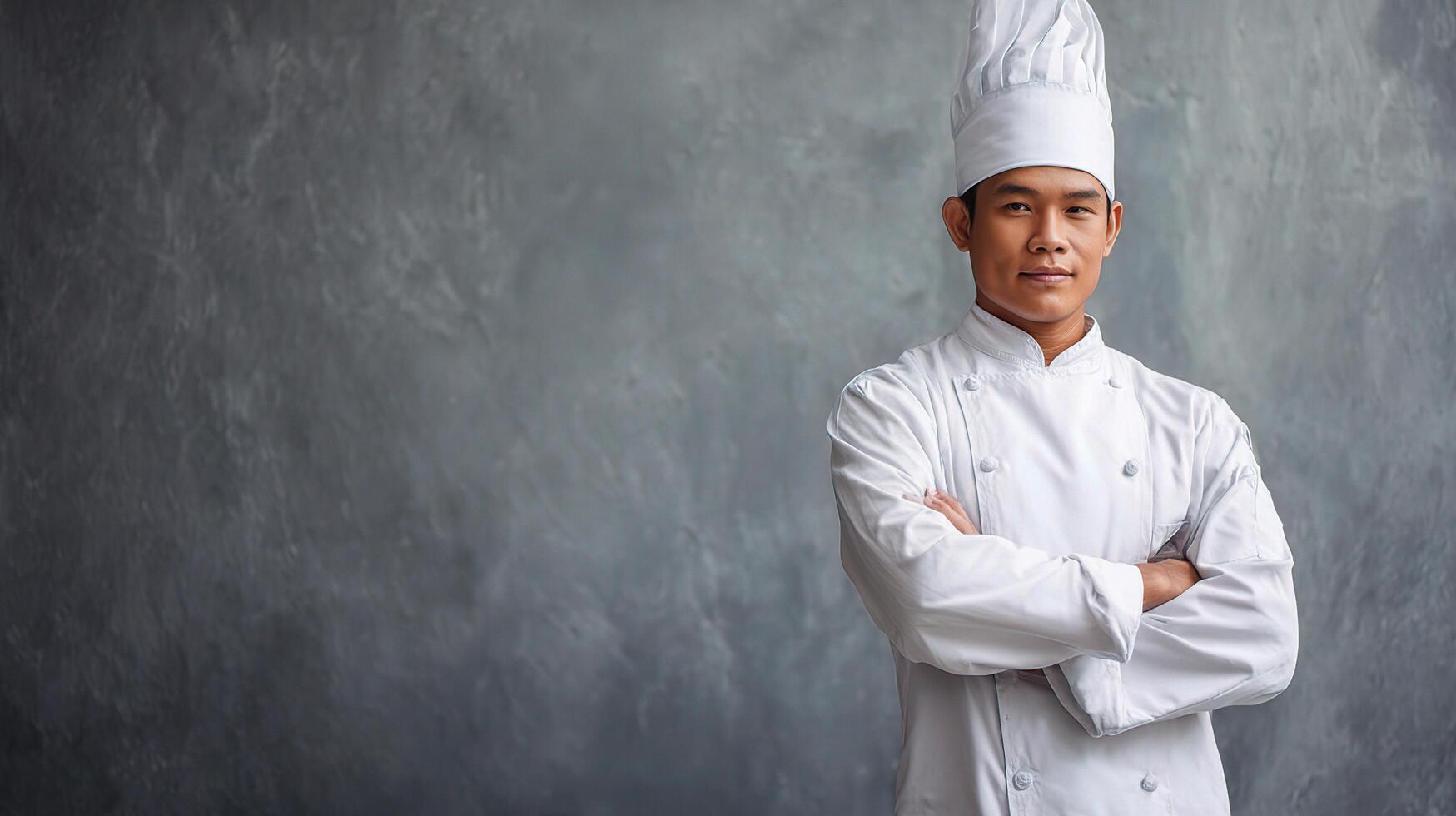 Asian male chef standing with arms crossed against gray background photo