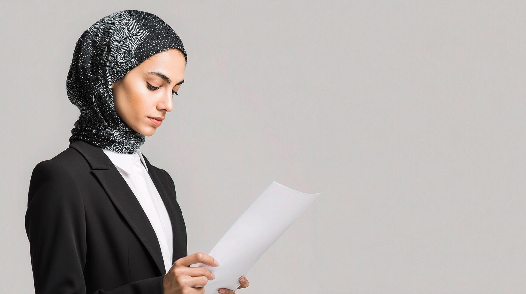 A woman in a hijab holding a piece of paper photo
