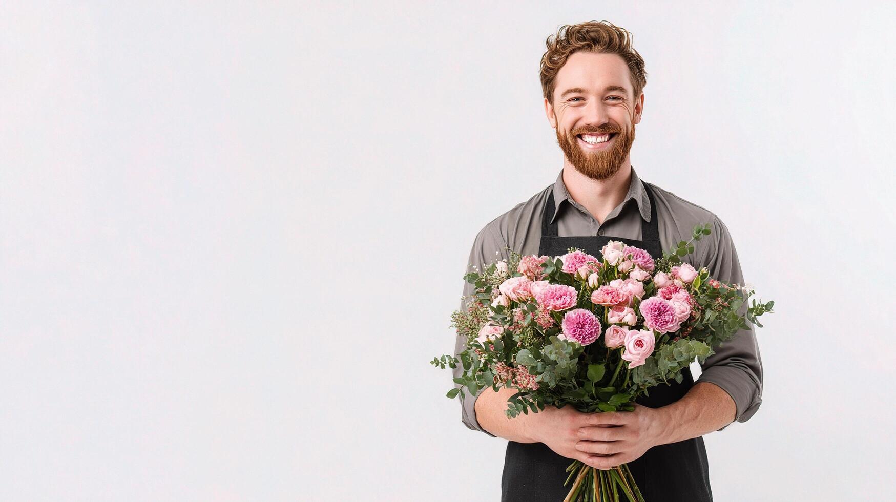 A man holding a bouquet of pink roses photo
