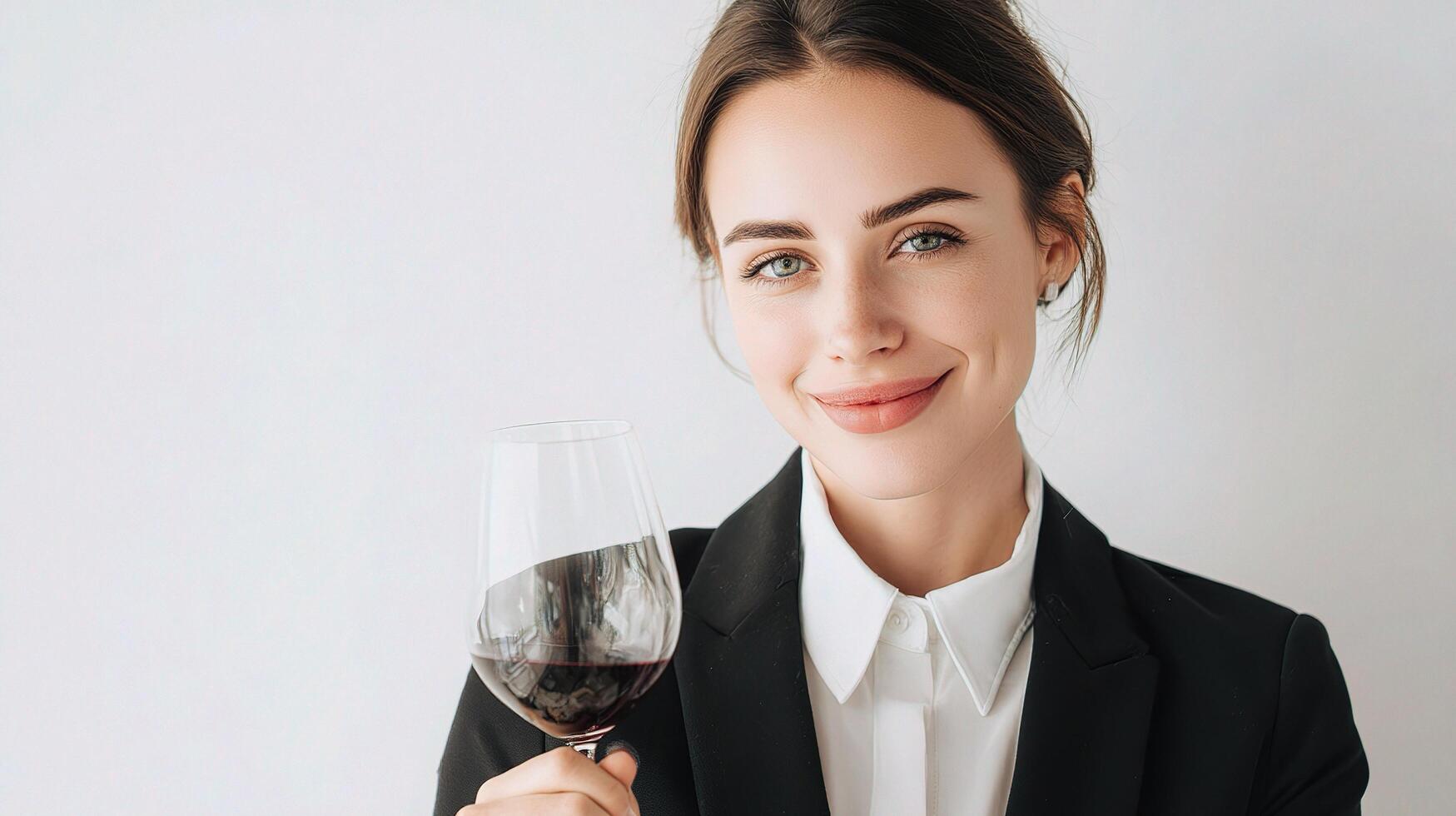 A woman in a business suit holding a glass of wine photo