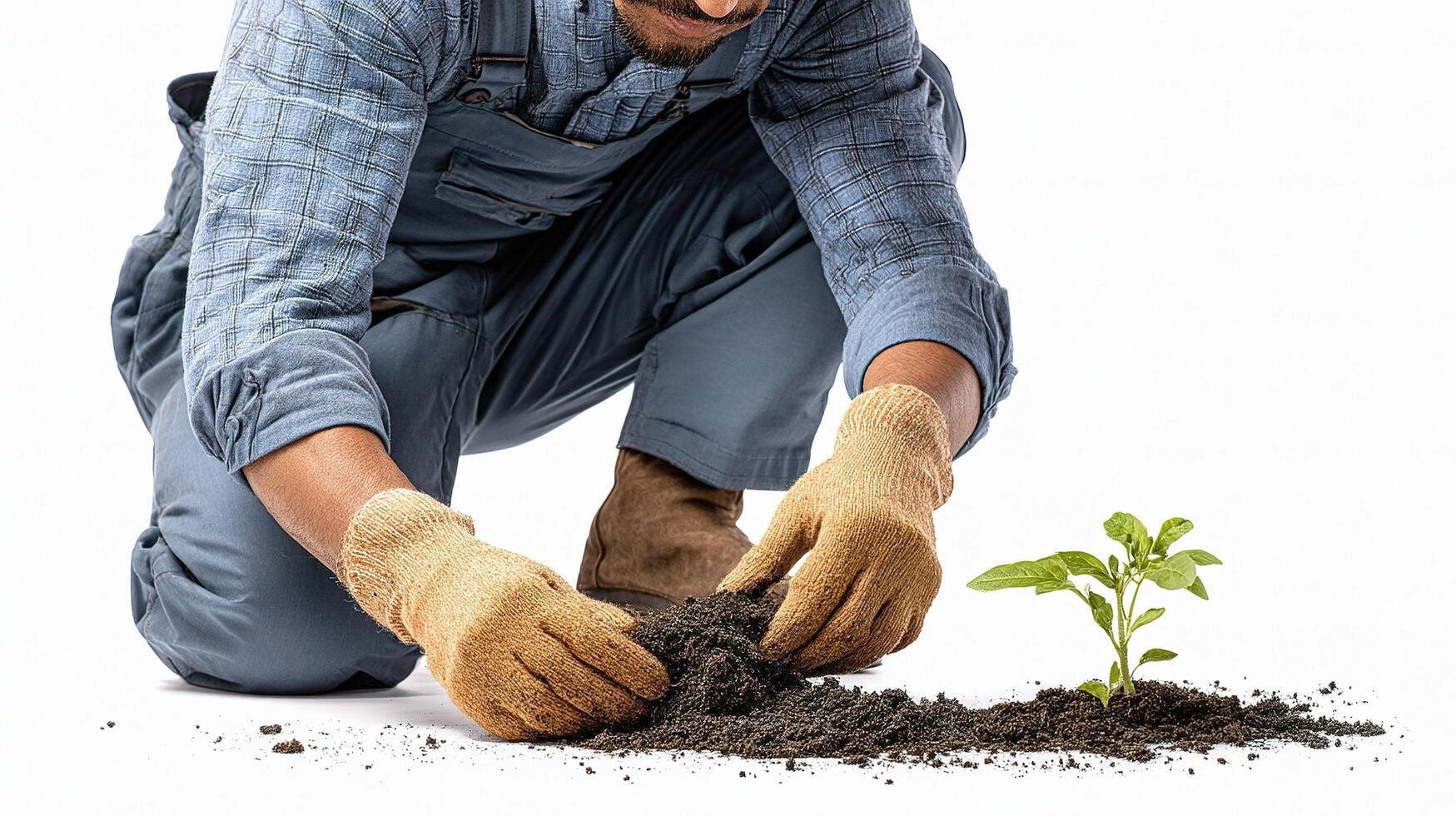 A man is kneeling down with a plant in his hand photo