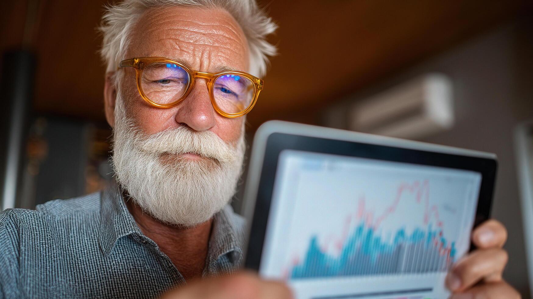 An older man with glasses and a beard is looking at a tablet computer screen photo