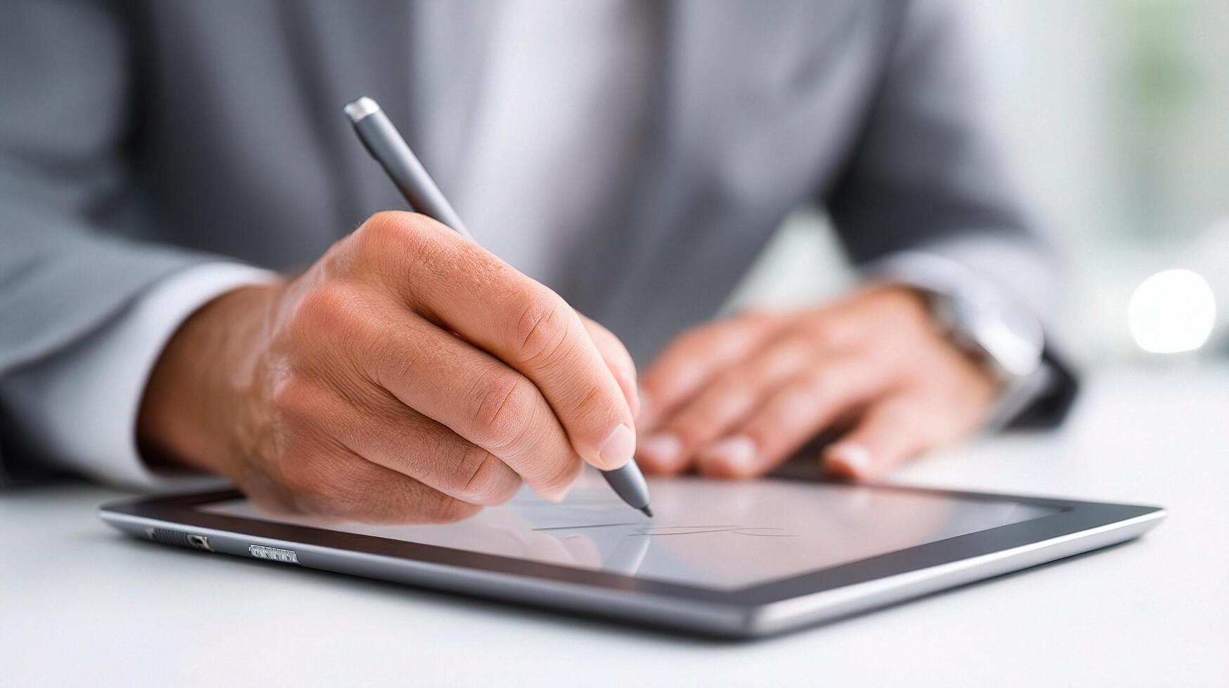 A person in a suit is writing on a tablet photo