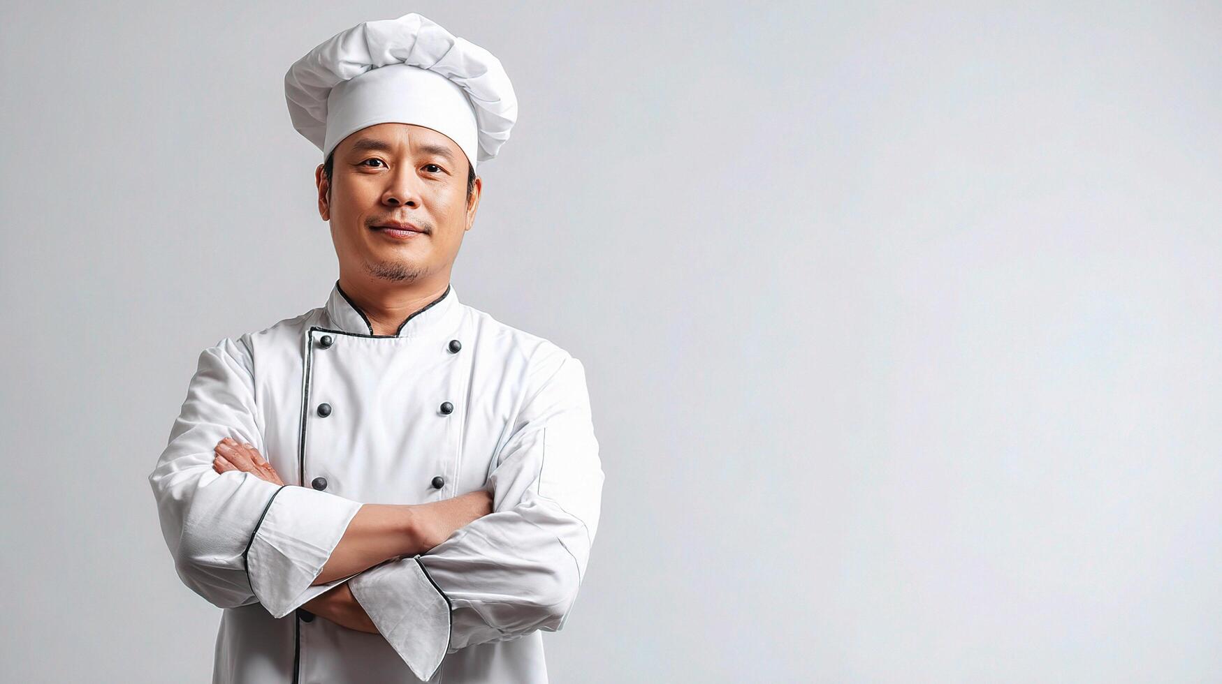 Asian male chef standing with arms crossed on gray background photo