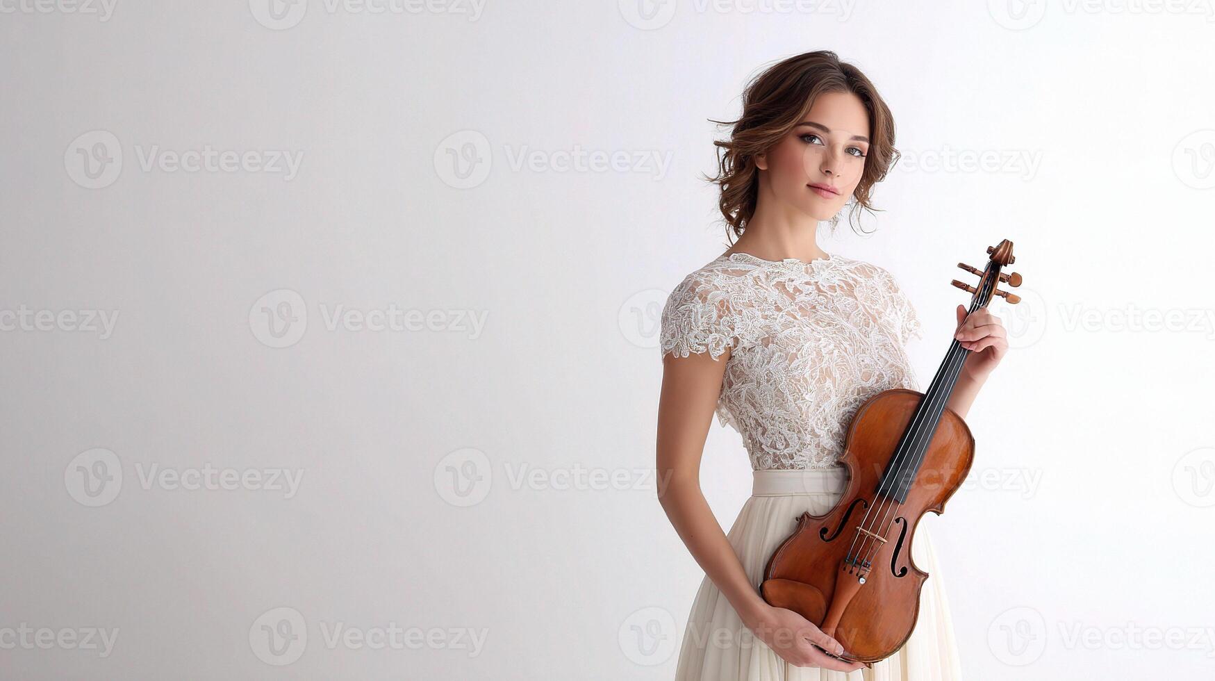 A woman in a white dress holding a violin photo