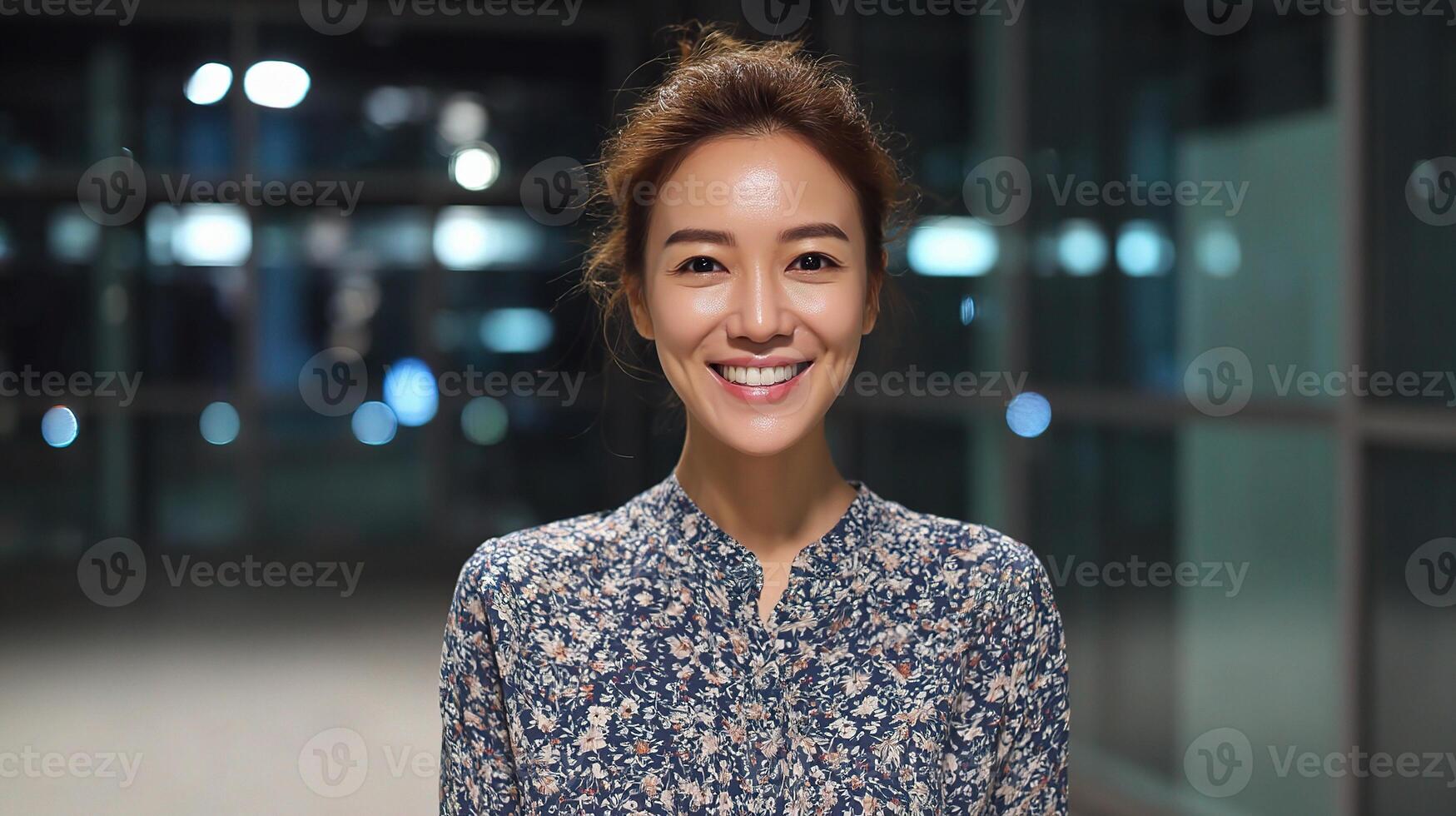A woman smiling in front of a city building photo