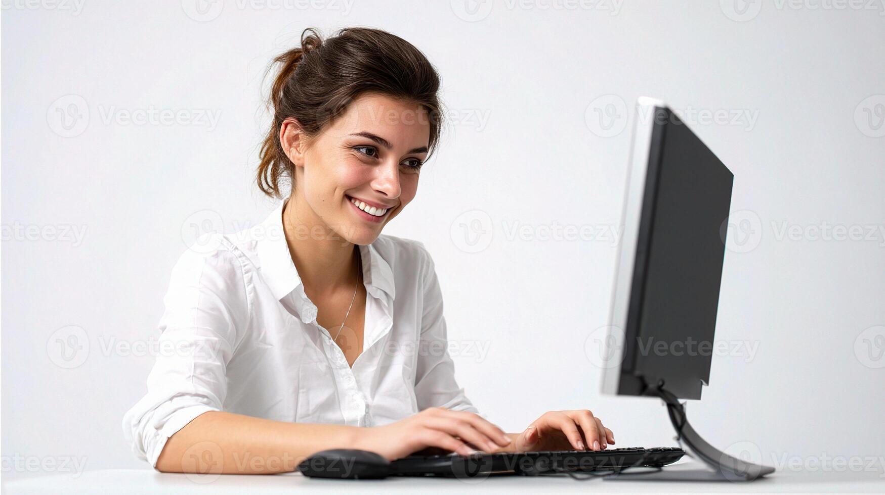 A woman is smiling while using a computer photo