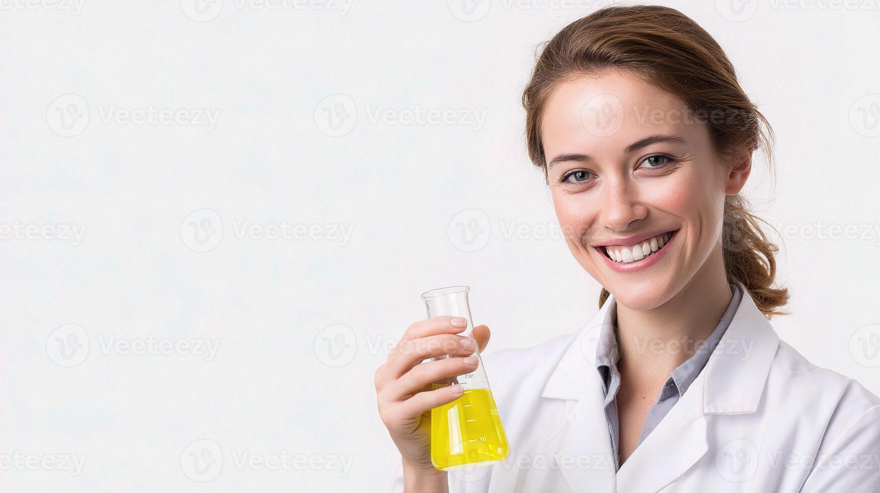 A woman in a lab coat holding a glass of yellow liquid photo