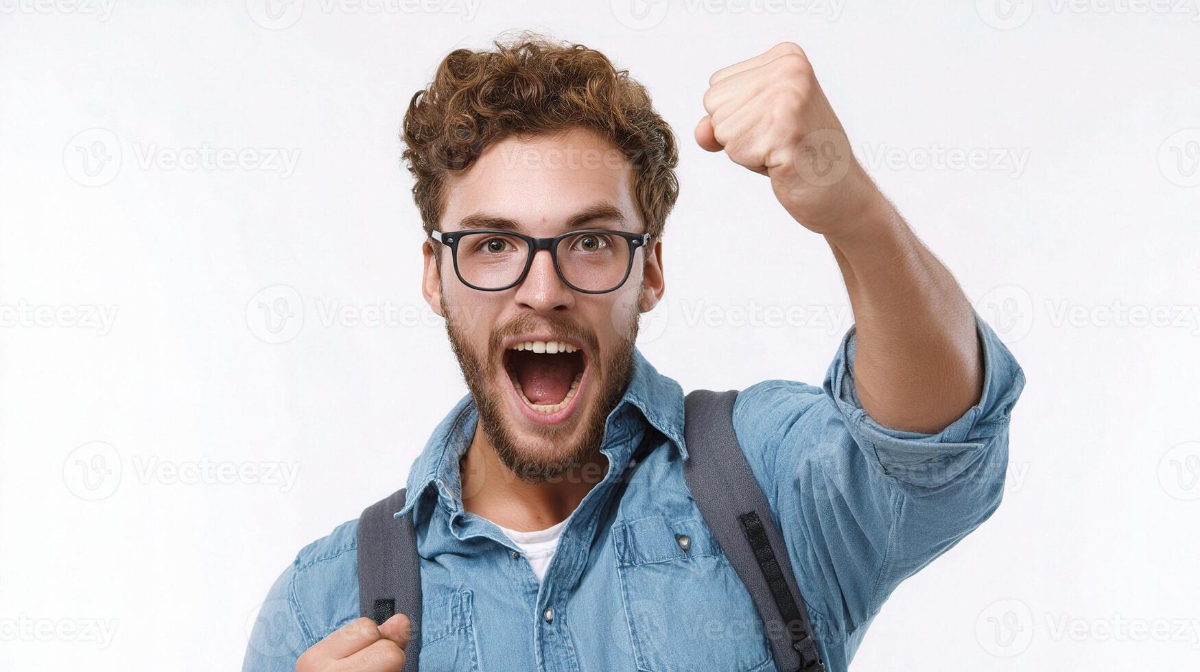 A man with glasses and a backpack is raising his fist photo