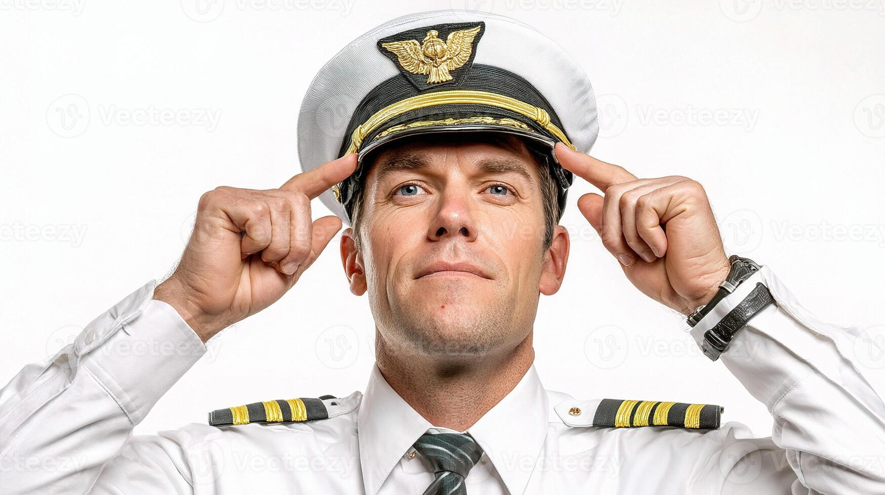 A man in a pilot's uniform is adjusting his hat photo